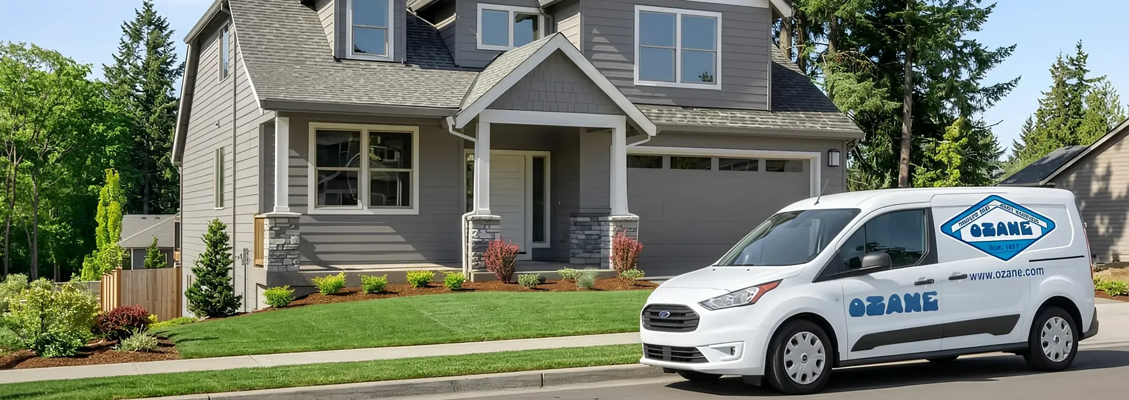 Ozane Termite and Pest Control van parked on road in front of a house